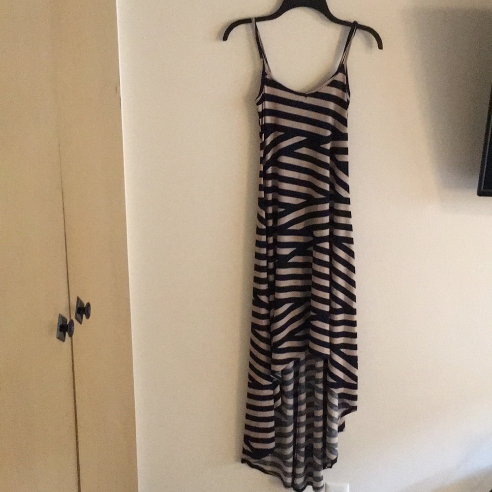 High Low Tan and Navy Striped Dress